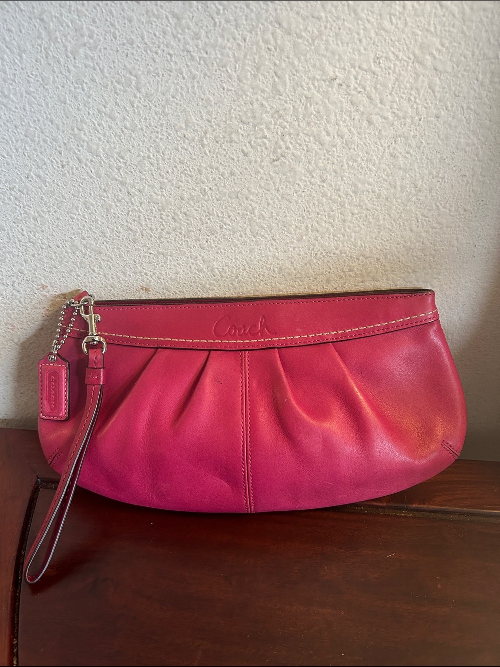 Coach Hot Pink Leather Pleated Wristlet Clutch